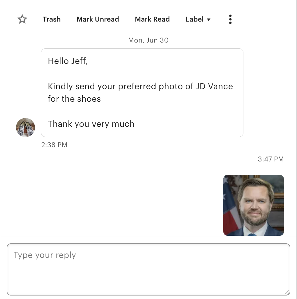 Etsy vendor initial response confirming the JD Vance Vans custom order